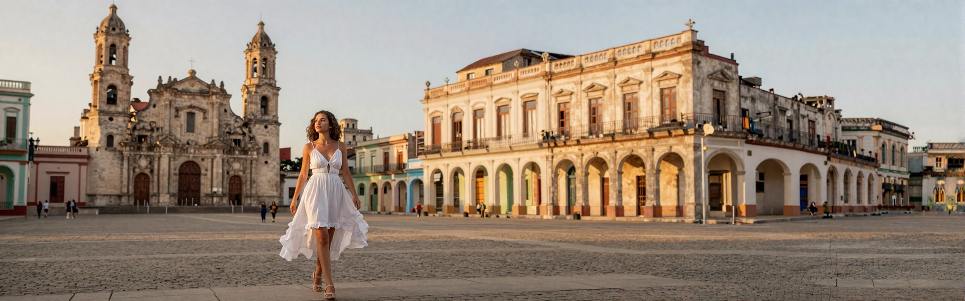Beautiful Cuban woman in historic Havana plaza at sunset with colonial architecture