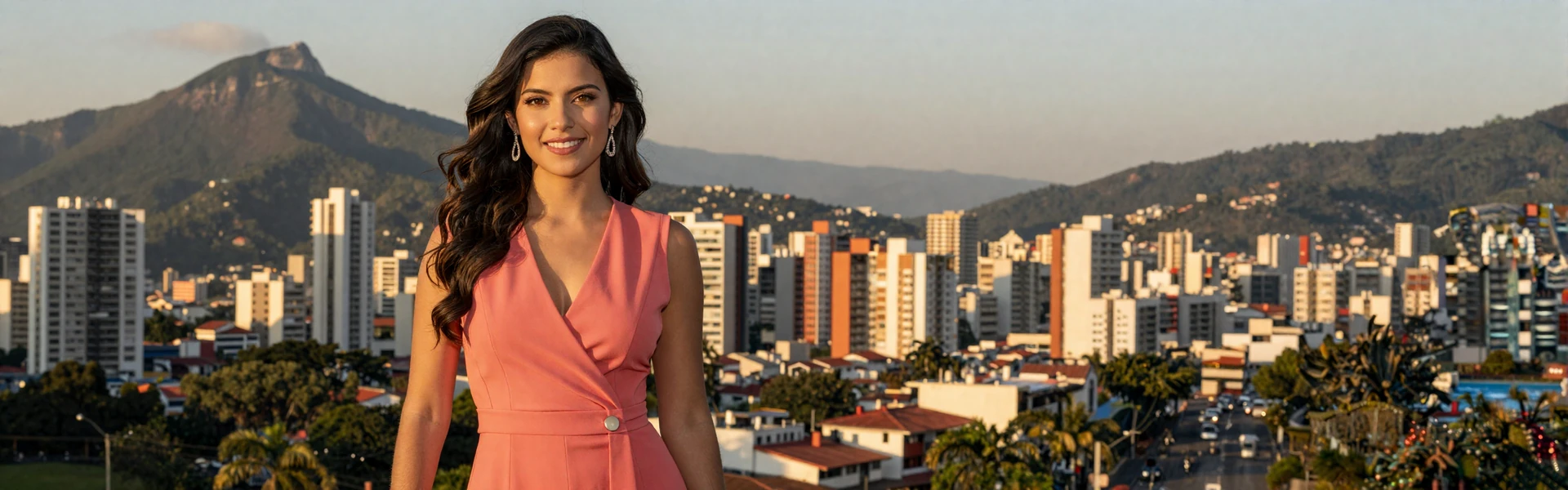 Elegant Venezuelan woman with warm caramel skin and long dark hair in modern Caracas with mountain backdrop during golden hour