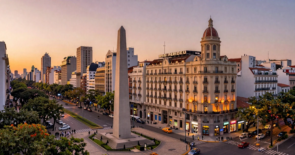 Scenic Buenos Aires cityscape at sunset showing European-influenced architecture and romantic urban atmosphere where American men meet sophisticated Argentinian brides