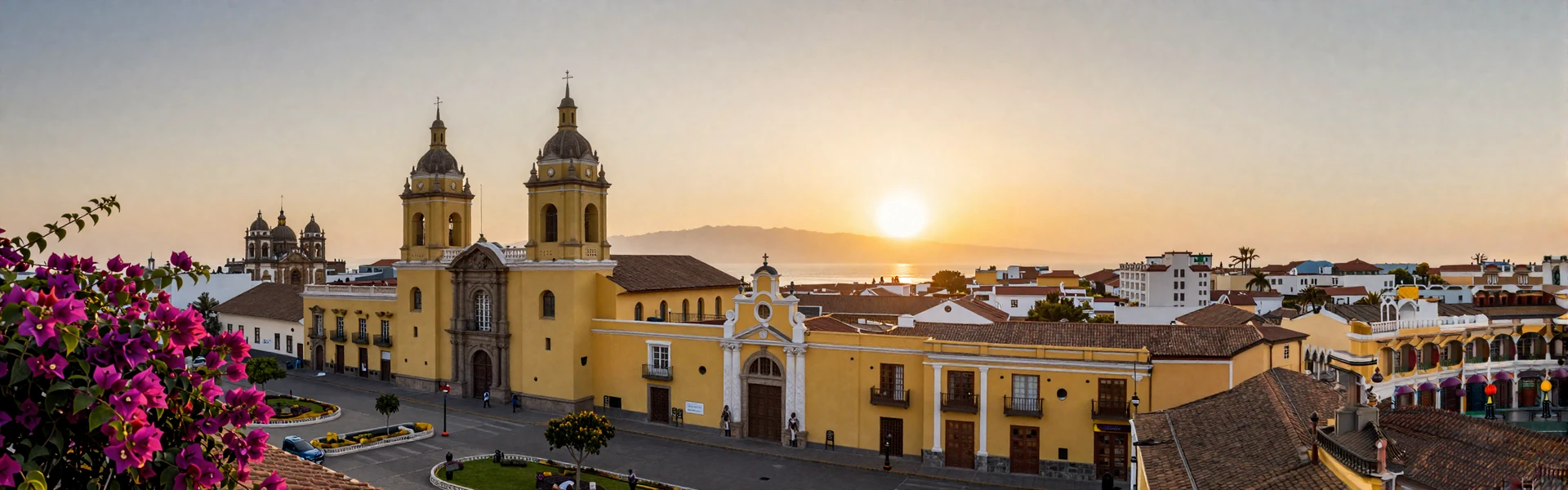 Beautiful Lima Peru cityscape with colonial architecture and Pacific Ocean at sunset representing Peruvian romance and culture