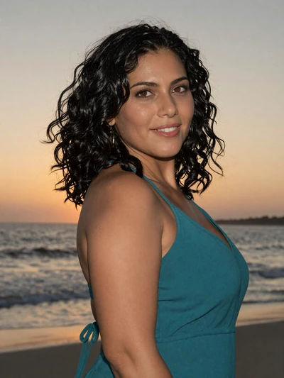 Sofia, 31-year-old curvy Puerto Rican woman with olive skin and wavy black hair in teal dress at coastal sunset